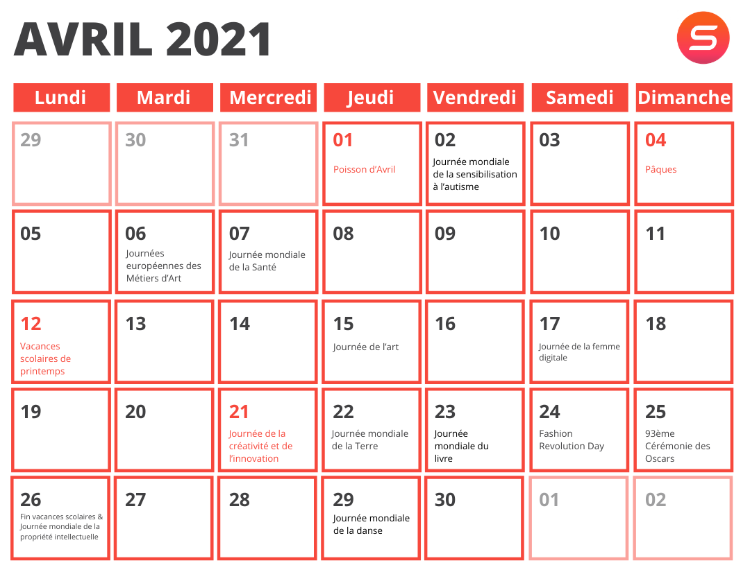 calendrier marketing avril 2021