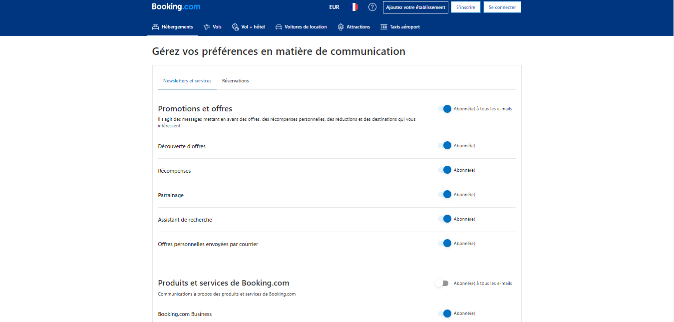 Gestion des préférences Booking.com