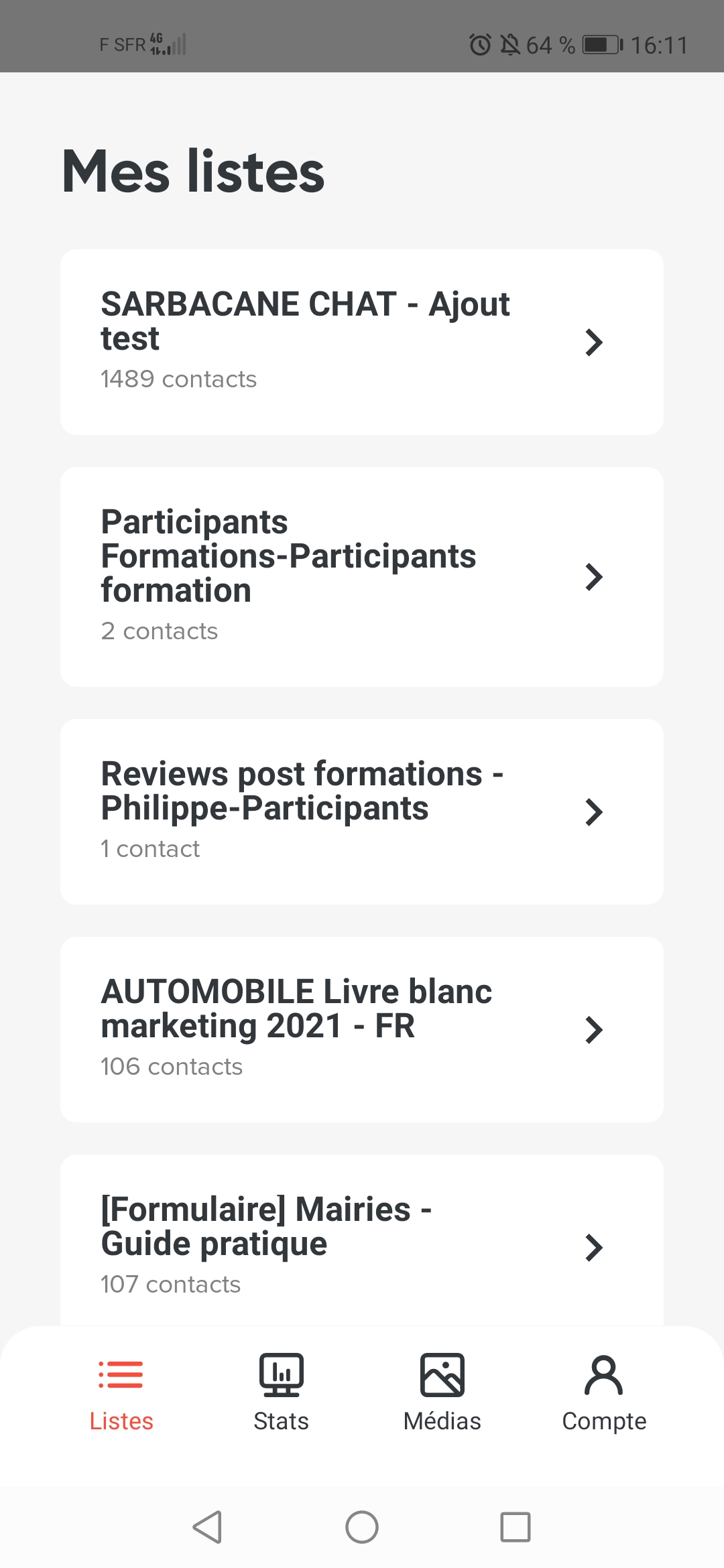 Liste de contacts Sarbacane sur mobile